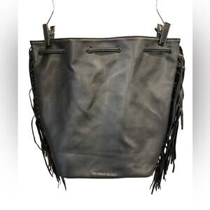 Victoria's Secret Black Faux Pebbled Leather Fringe Bucket Bag